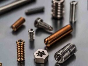 Close-up image of custom screws, including wood screws, hexagon screws, micro screws, and titanium alloy screws, showcasing detailed threads and high-quality finishes. The screws are displayed on a professional metal surface, emphasizing their precision and suitability for various industries like construction, automotive, and aerospace.