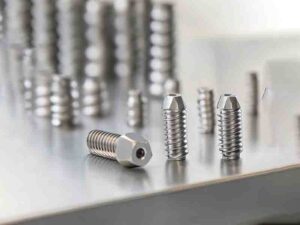 Close-up of self-drilling screws with drill-shaped tips and self-tapping screws with pointed ends, displayed on a professional work surface. The image highlights the unique design features of each screw type, ideal for different materials like metal and wood, showcasing their high precision and application versatility for custom fastening solutions.